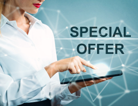 Special Offer text with business woman using a tablet