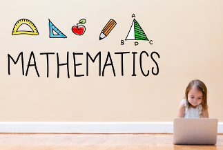 Angles, measurements and weights with girl learning about maths using a laptop